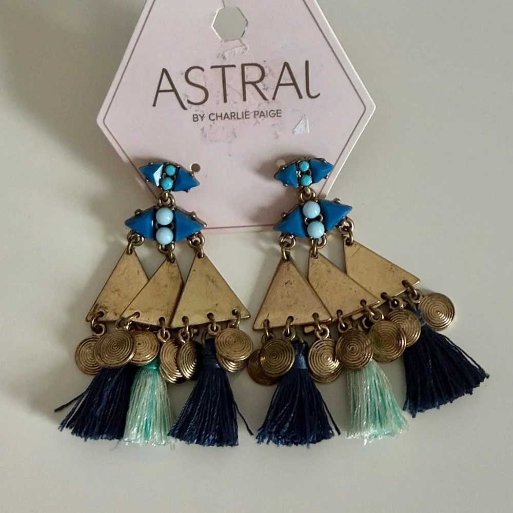 Astral by Charlie Paige Gypsy Blues Boho Tassel Earrings Gold Blue Turquoise